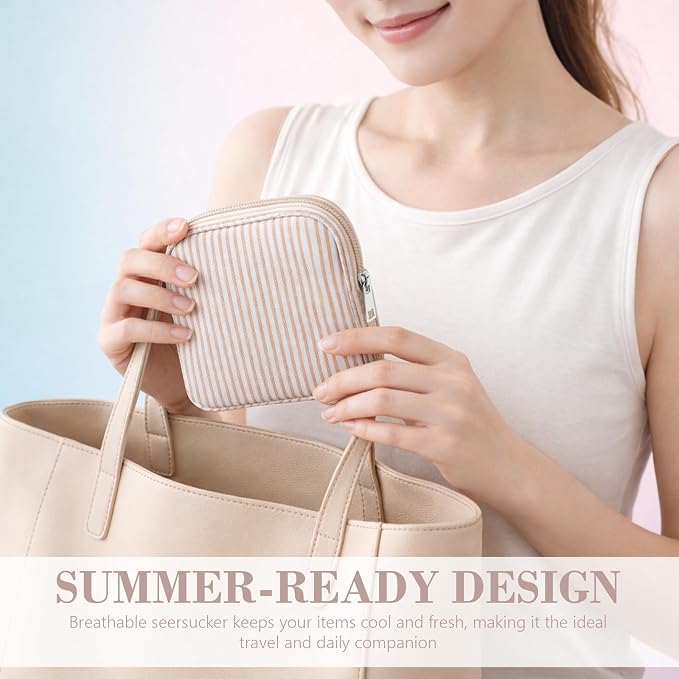 Giesiery 8 Pcs Seersucker Makeup Bags Striped Cosmetic Bags Bulk Organizer for Women Preppy Travel Toiletry Pouch for Wedding Bridesmaid Gifts (Khaki, Mini) - Image 4