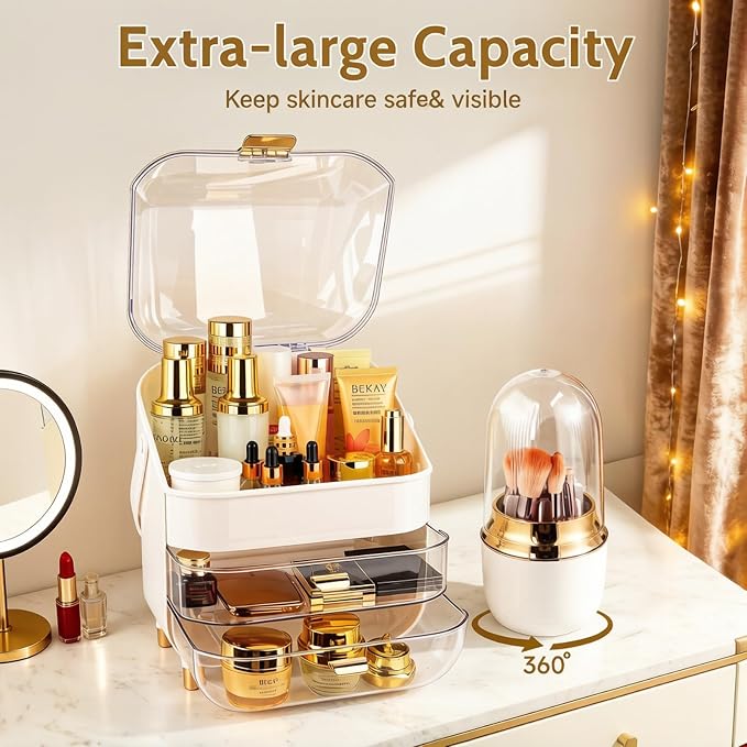 Makeup Organizer with Drawers-Cosmetic Display Case for Vanity-Skincare Organizer with 360 Rotating Brush Holder,Large Storage Box Dresser for Women Gifts, Bathroom Countertop,Gold - Image 2