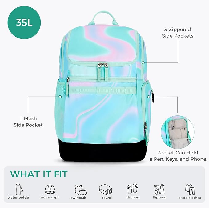 Choco Mocha Swim Bag for Kids Swim Bag for Swimmers, 35L Waterproof Girls Swims Backpack with Wet Dry Compartments, Organized Pool & Beach Bags, Fade Pink - Image 4