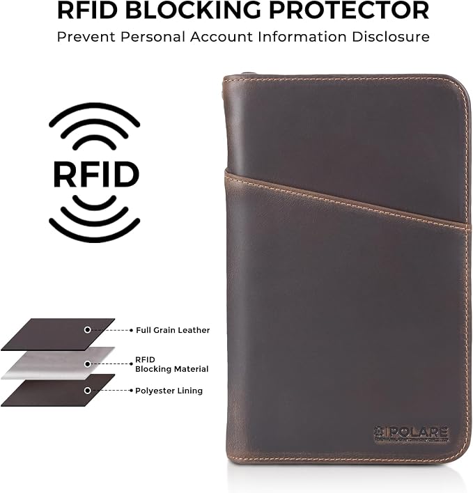 Polare Full Grain Leather Travel Passport Holder RFID Blocking Cover Case Travel Document Organizer Wallet Holders 2 Passports With YKK Zipper (Dark Brown with AirTag Slot) - Image 8