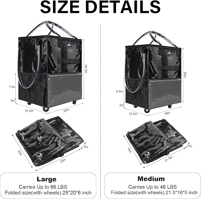 Large Reusable Grocery Bag On 5 Wheels, 130L Foldable Rolling Tote Bag, Rolling Shopping Cart Bag with 3 Handles & Multiple Pockets, Zippered Closure for Laundry Moving Travel Camping, Black - Image 3