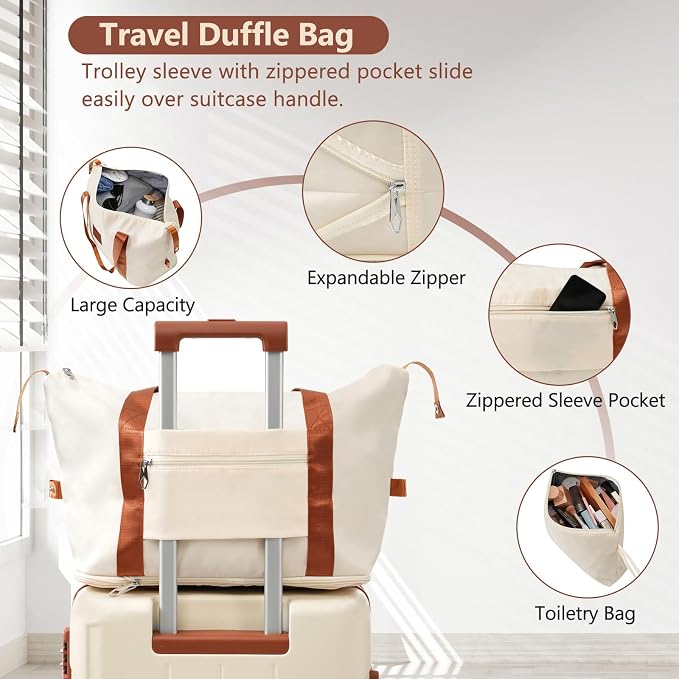 6 Piece Luggage Set Hard Shell - Brown White Expandable Suitcases with Spinner Wheels and Duffel Bags for Family Travel, Durable Carry On Luggage Sets with Lock for Women and Men - Image 7