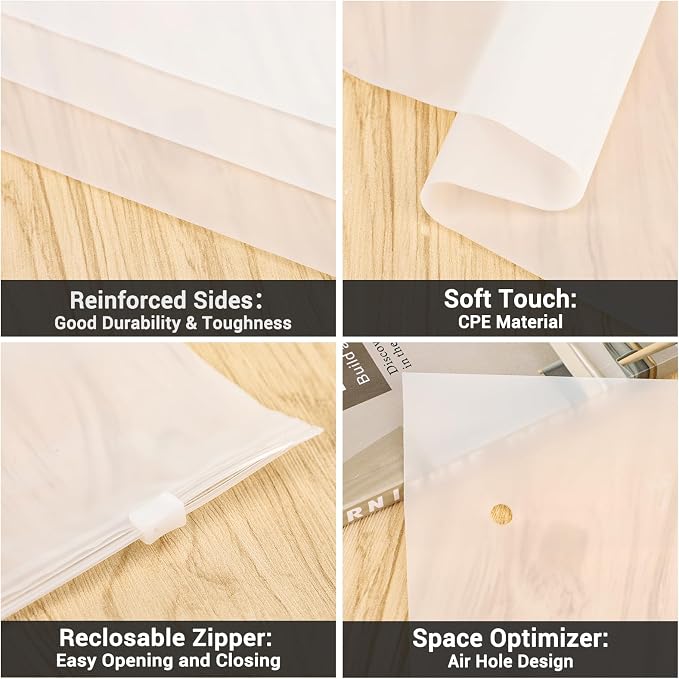 T Shirt Bags 3 Mil Thick, 5 Sizes 12x16" 10x13" 8x10" 12x8" 10x7" Pack of 25, Resealable Zip Packaging Poly Bags Durable for Business Packing Shipping Travel, Frosted, with Vent Hole - Image 3