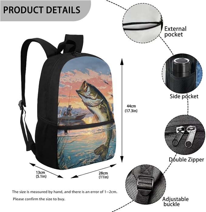 Bass Fishing Boys Backpack with Insulated Lunch Bag 4 Piece Set, Outdoor Fishing Camping School Bag for Boys Ages 6-12, Keep Food Fresh All Day 17 Inch Waterproof Bookbag - Image 3