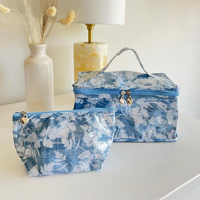 Jacaranda Living Large Cosmetic Bag – Water-Resistant Makeup & Toiletry Bag with PVC-Lined Interior, Travel Beauty Organizer, Floral Denim - Image 11