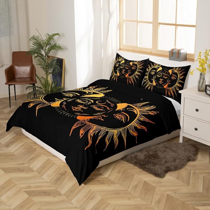 Golden Sun and Moon Comforter Cover Set Twin Size Bohemian Style Mandala Pattern 3-Pieces Hotel Luxury Soft Bedding Set Boho Exotic Theme Duvet Cover Set with Zipper Ties for Adult Women Girls Teen - Image 6