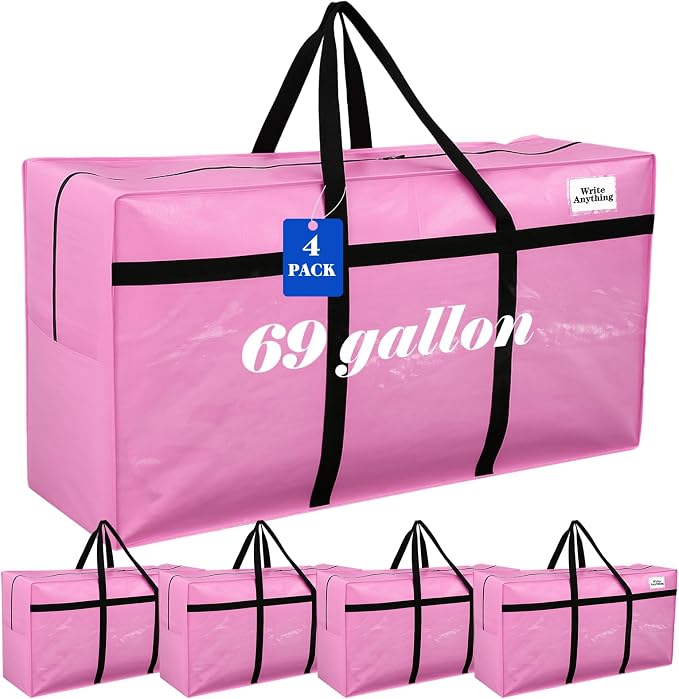 Windyun 4 Pack 69 Gallon Extra Large Moving Bags XXL Heavy Duty Storage Bag with Strong Zipper Handle Jumbo Big Tote Box Foldable for College Dorm Travel Clothes Duffle Blanket Pillow(Pink) - Image 2