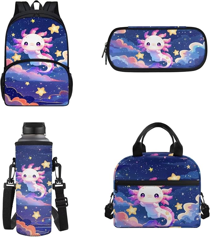 Cartoon Galaxy Axolotl Schoolbag and Lunch Box Pencil Case Water Holder Sleeve for Girls Boys Axolotls Backpack 4pcs Set,Back to School Supplies Axolotl Backpack for Toddler Girl - Image 5