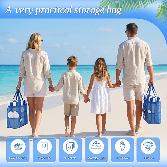 Hillban Large Beach Mesh Bags Bulk for Women Beach Tote Bag with 8 Pocket Zipper Waterproof Sandproof for Pool Cruise Ship - Image 5