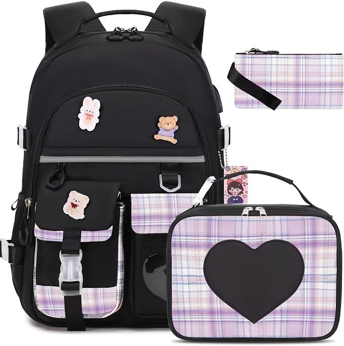 ACESAK Backpack for Girls - Bookbag Backpacks Schoolbag for Girls Kids Teen Women Casual Travel Daypacks - School Bag Elementary Middle School College Cute Backpack with Lunch Box (Black Purple) by ACESAK