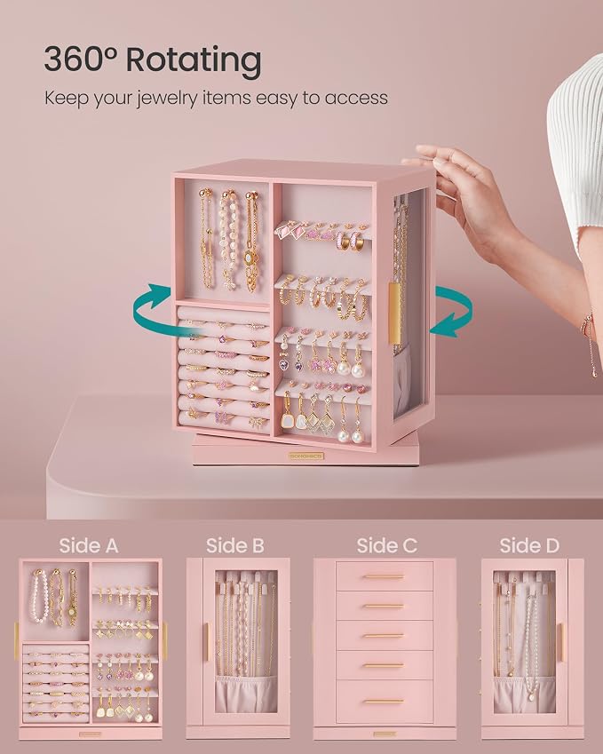 SONGMICS GISELLA Collection - Jewelry Box Organizer 360° Rotating, Vertical Jewelry Storage Case with 5 Drawers, Glass Window, Spacious, Open Design, Great Gift, Pink UJBC170R01 - Image 3