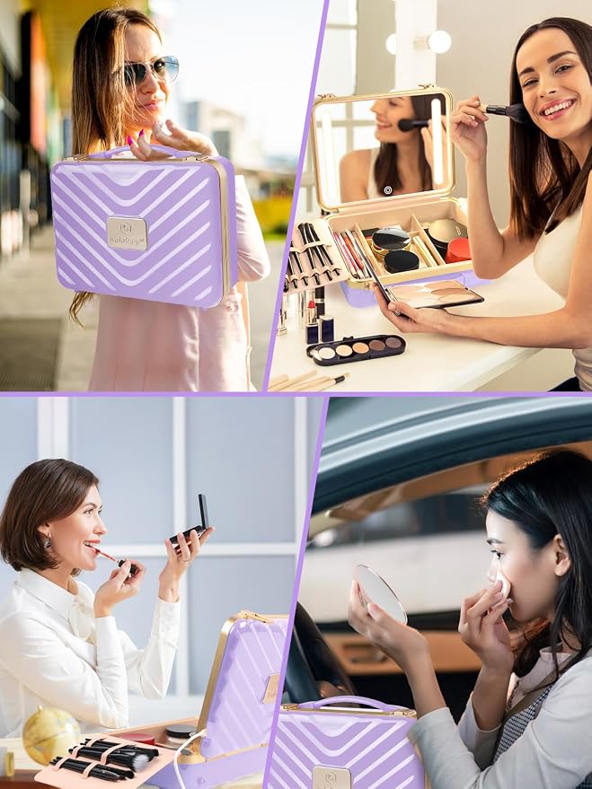 Kalolary Travel Makeup Train Cases with Lighted Mirror 3 Color Setting, Makeup Bag Cosmetic Case Organizer Adjustable Brightness Portable Makeup Storage Box with Detachable 5X Magnifying Mirror Purple - Image 7