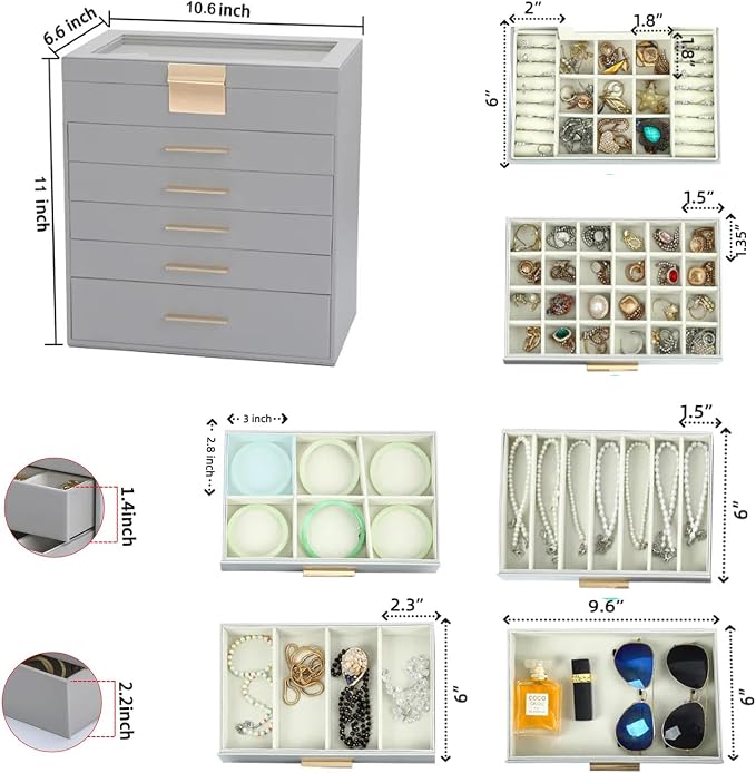 BOOVO Jewelry Boxes for Women, White and Black 6 Layer Large Jewelry Box for Necklace, Bracelet, Earrings, Rings Storage, Jewelry holder Organizer for Girls Gift (Grey, 6 layer) - Image 6