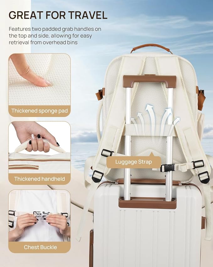 Telena Travel Backpack for Women, 17.3 inch Laptop TSA Carry On Personal Item Size Flight Approved Travel Bag Daypack with Multi-Pockets for Work, Travel, Business, Beige-Brown - Image 3
