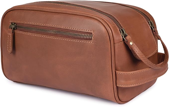 Leather Toiletry Travel Bag with Waterproof Lining, Large Capacity Vintage Dopp Kit, Shaving & Cosmetic Organizer for Men & Women - Tan by LeatherLatch