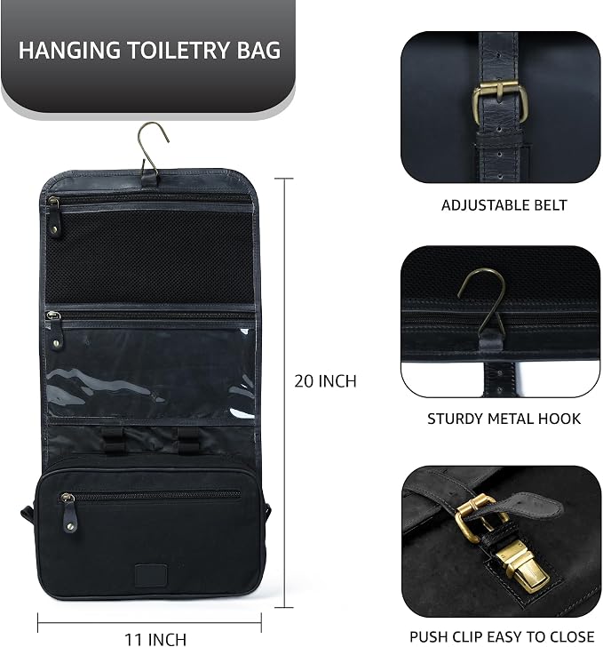 LEATHER VILLAGE Hanging Genuine Leather Toiletry Bag for Men & Women with Waterproof Lining – Handcrafted Vintage Travel Dopp Kit, Shaving Organizer & Shower Bathroom Essentials Case - Black - Image 2