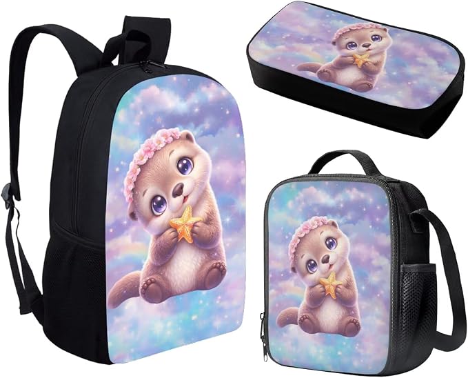 Forchrinse Girls Backpack with Lunch Box Cartoon Otter School Bag for Girls 6-8 and Lunch Bag Set Kawaii Back to School Backpacks 2nd Grade Bookbag Lunchbox Pencil Case - Image 2