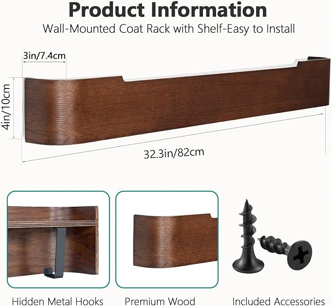 Coat Rack Wall Mount with Shelf 8 Hidden Hooks Modern Wooden Key Holder Entryway Organizer for Hallway Bedroom Bathroom Home Decor Storage for Hanging Coats Hats Bags Towels, Walnut - Image 3