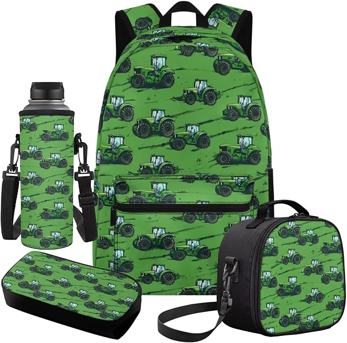 Tractor Boys School Bag with Lunch Box Pencil Case Water Bottle Sleeve Green 4 in1 Set Boys Backpacks Ages 8-10 6-8 Kids Bookbag for Elementary Middle Travel Outdoor Daypack - Image 2