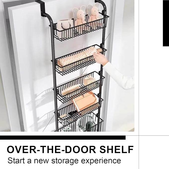 Over the Door Organizer, Metal Behind Door Hanging Storage, Toys Umbrellas Bags Organizer Rack, Large Capacity Organizer for Bedroom Bathroom Kitchen Pantry Closet Cabinet (Black,Six-Tier) - Image 4