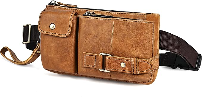 Water Resistant Canvas + Leather Hiking Riding Travel Fanny Waist Pack Small Phone Pouch For Men Women FB811-29 (100% Leather-The 8135 Light Brown) by Handadsume
