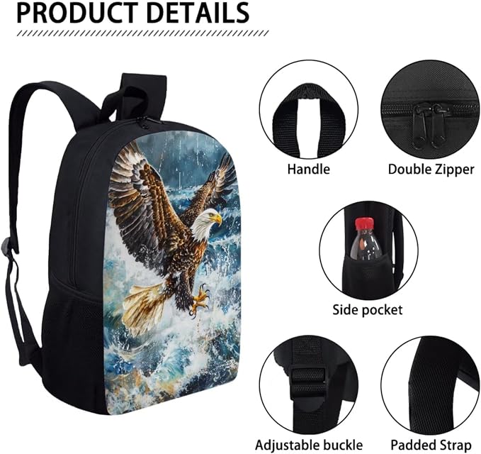 17 Inch Animal Print School Backpack And Lunch Box Set for Kids Lightweight Aesthetic Bald Eagle Backpack for Boys Girls Sturdy School Bag with Insulated Lunchbox Pencil Case Student Bookbag - Image 4