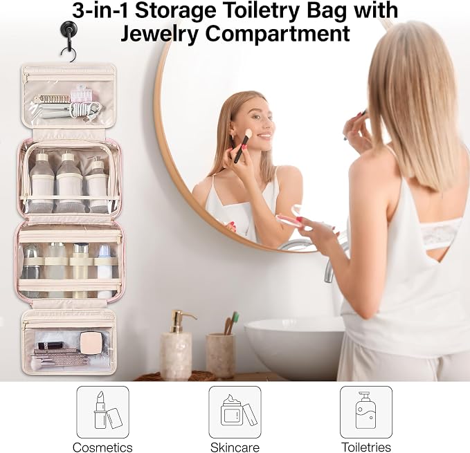 Hanke Hanging Travel Toiletry Bag with Jewelry Organizer, Pink | Large Capacity, Holds Full-Size Bottles, Water & Stain Resistant, 360° Swivel Hook, Trolley Sleeve, Women's Makeup Organizer - Image 9