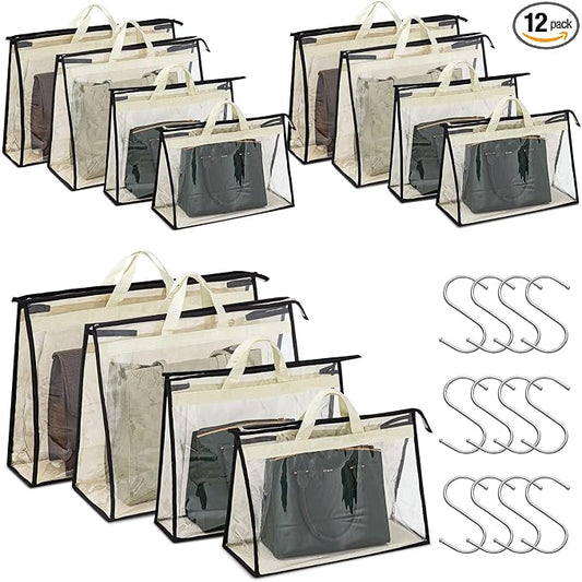 12 Packs Dust Bags for Handbags, Clear Handbag Storage, Purse Storage Organizer for Closet, Purse Cover Hanging Closet Organizer with Zipper and Handles by Interesse