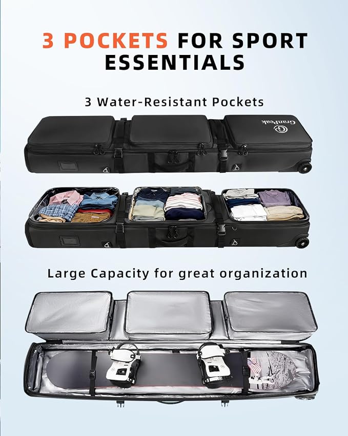 Snowboard Bag with Wheels, Extendable Ski Bags for Air Travel Length up to 175cm, 3 TPU Zippered Bags, Flexible Storage for Snowboards, Helmets, Jacket and boots, Waterproof - Image 6