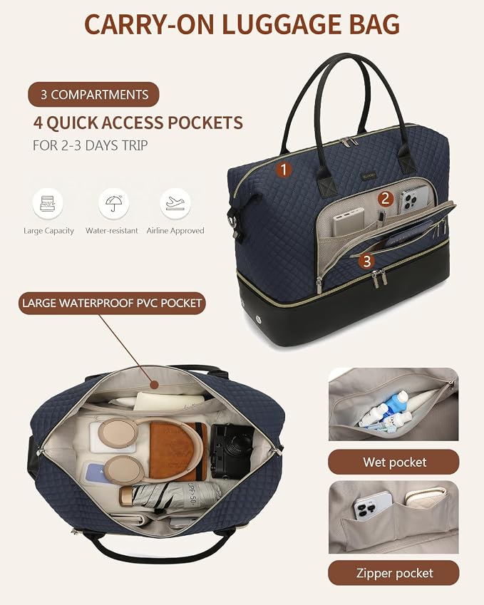 Weekender Bags for Women Travel, Under Seat Carry On Bags for Airplanes Overnight Bag with Shoe Compartment Luggage Sleeve, Foldie Travel Tote Bag Hospital Bag, Travel Gifts, Navy Black - Image 5