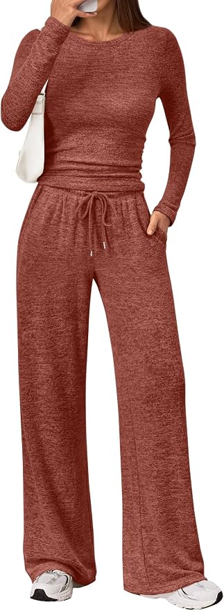 LILLUSORY Womens 2 Piece Matching Lounge Sets 2026 Fall Fashion Outfits | Long Sleeve Top & Drawstring Wide Leg Pants with Pockets, Workout Gym Comfort Sweat Suit, Travel Airport Vacation Clothing by Lillusory