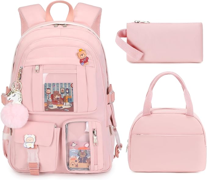 LXYGD Laptop Backpacks 16 Inch School Bag College Backpack 3 PCS with Lunch Box Pencil Pouch Set Large Travel Daypack Kawaii Bookbags for Teens Girls Women Students (Pink) by LXYGD