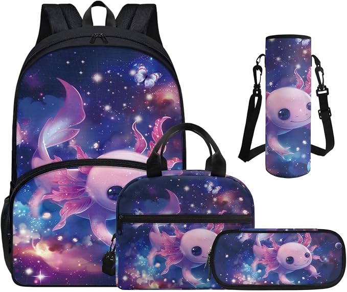 Galaxy Axolotl Backpack 4 Pcs Toddler Kids Boy Girl Axolotl School Bag Set with Lunch Box Water Bottle Bag Pencil Case Casual Travel Ruckpack Back to School Supplies by FUIBENG