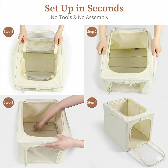GoMaihe Clothes Storage Bins with Metal Frame, 40L Sweater Storage Boxes for Above Shelf Closet, 4 Pack Stackable Clothing Storage Organizer with Clear Window for Jeans Hoodies T-shirt – Beige - Image 8