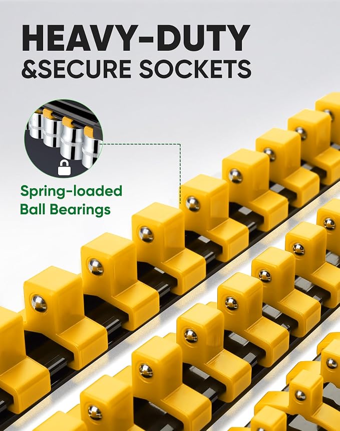 ALOANES 9PC Socket Organizer, Socket Rails Fit 1/2", 1/4" and 3/8" Drive | Heavy Duty ABS Socket Holders Hold up 129 Sockets for Toolbox Drawer Bags(Yellow) - Image 3