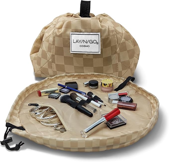 Lay-n-Go Cosmo Layflat Drawstring Cosmetic & Makeup Bag Organizer - Portable Drawstring Bag w/Zipper Pocket, Makeup Loops & More - Durable, Machine Washable Toiletry Bag for Travel (22", Checked) by Lay-n-Go