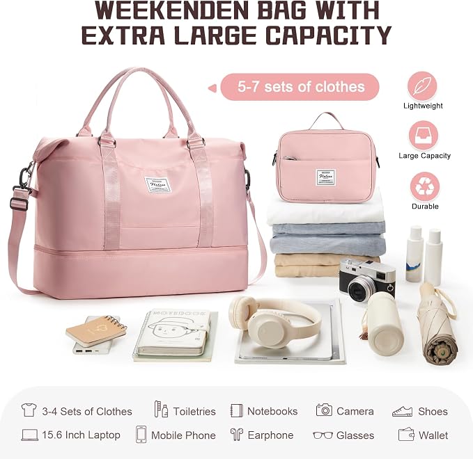 Travel Duffel Bag with Shoes Compartment,Weekender Bags for Women Travel | Overnight Carry-On Bag with Toiletry Bag & Wet Pocket & Trolley Sleeve,Extra Large - Image 3