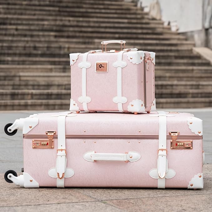 urecity 26" Vintage Luggage Set, 2 Piece Elegant Pink Retro Checked Suitcase with Cosmetic Case, Luxury Vegan Leather Aluminum Frame Spinner Trunk for Women (with Protective Clear Cover) - Image 3