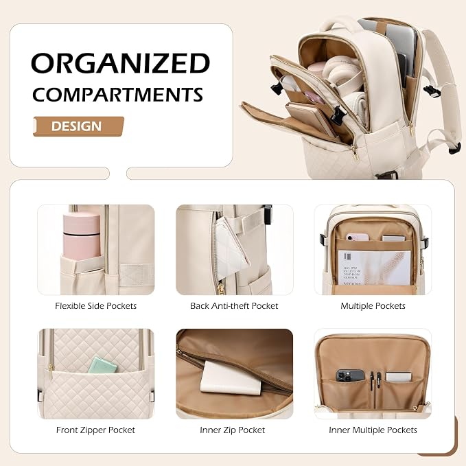 MDODO Travel Backpack for Women Men - Large Carry on Backpack fits 15.6" Laptop Lightweight Travel Bag Daypack Waterproof Causal Bookbag Backpack for College,Work,36L, Beige - Image 3