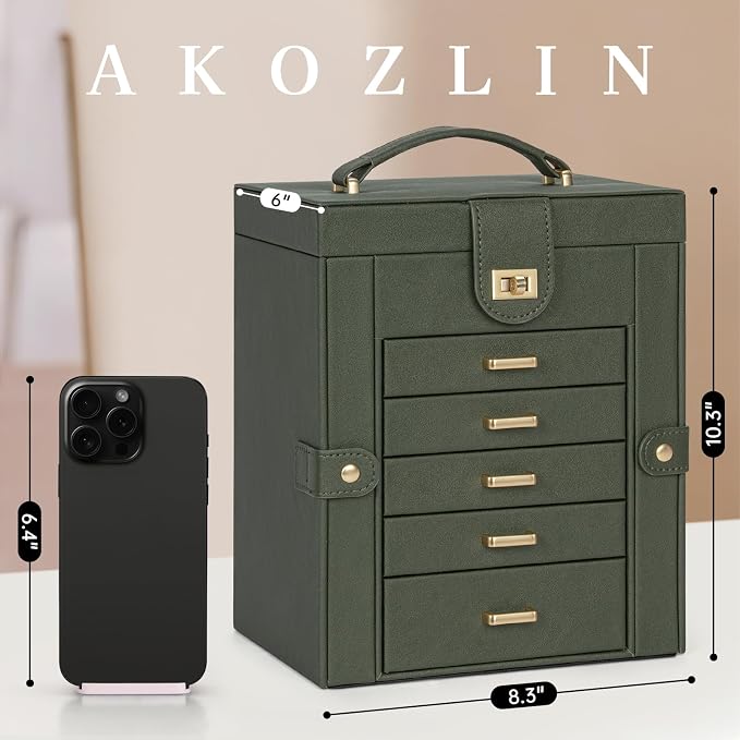 AKOZLIN 6-Tier Jewelry Box Organizer Functional 5 Drawers Leather Jewelry Storage Case for Women Girls Ring Necklace Earring Bracelet Holder Organizer with Mirror DrakGreen Regular - Image 4