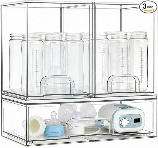 Baby Bottle Organizer, Large Capacity Stackable Acrylic Storage with Non-Slip Pads, for Baby Bottles, Pump Parts, Kitchen Countertop, Pantry, Vanity, 3-Piece by Gajiuhon