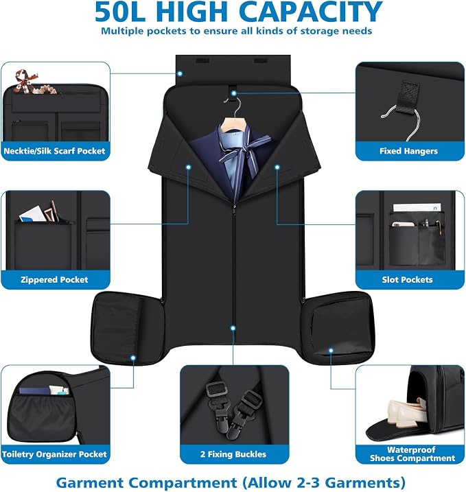 Convertible Garment Bags for Travel - Carry on Garment Duffle Bag with Backpack Straps for Men Women, 4 in 1 Large Travel Duffel Bags with Shoes Compartment Hanging Suit Dress Weekender Bag - Image 4