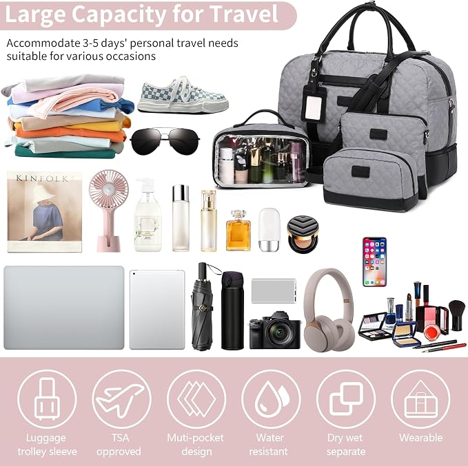Wogarl 4PCS Weekender Bags for Women Large Overnight Weekend Travel Duffel Carry on Shoulder with Shoe Compartment Canvas Toiletry Bag for Travel Business Gym - Image 6