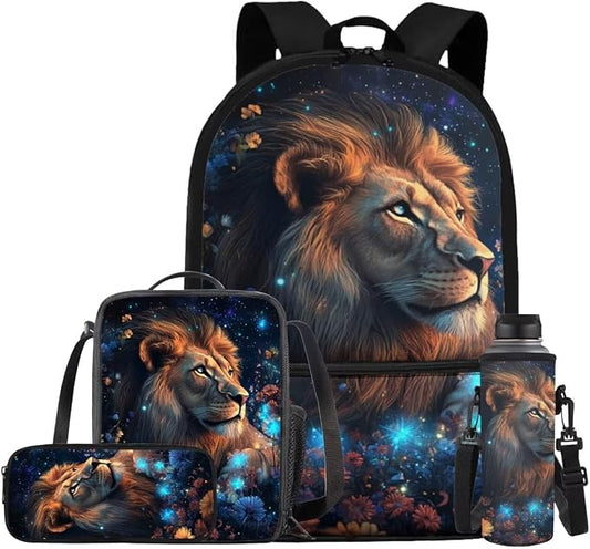 Aesthetic Lion Backpack for Kids Girls Backpack with Lunch Box Water Bottle Holder and Soft Pencil Case 4 in 1 Set Sturdy Bookbag with Front Pocket for School 17 inch Lightweight School Bag by ELEDIZI