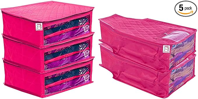 atorakushon Set of 5 Fabric Satin Saree and Blouse Covers Garments Clothes Storage Bag Wardrobe Organizers With Double Zip Lock & Transparent Window (Pink) by atorakushon