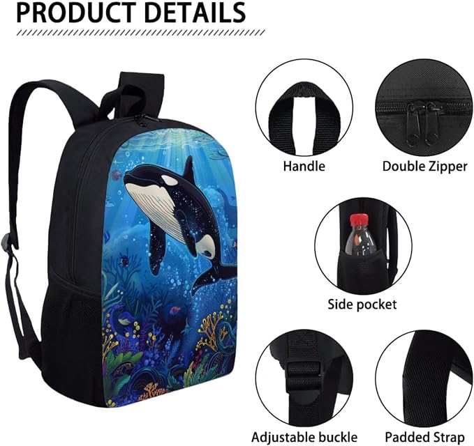 17 Inch Animal Print School Backpack And Lunch Box Set for Kids Lightweight Undersea Killer Whale Orca Backpack for Boys Girl School Bag with Insulated Lunchbox Pencil Case Student Bookbag - Image 4