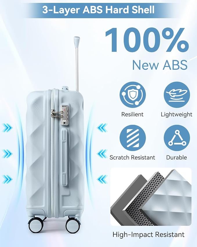 Somago Luggage Set of 3 Piece Suitcase Set Carry On Luggage with YKK Zipper TSA Lock ABS Hardside Luggage Spinner Wheels, Light Blue - Image 2