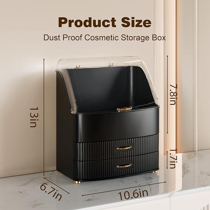 Makeup Organizer Countertop Vanity with Transparent Lid Drawers Waterproof Dustproof Cosmetic Skincare Bathroom Storage Gift for Women Teens Girls (Black) - Image 5