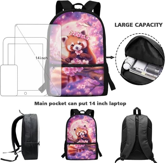 Kawaii Red Panda Cherry Blossom Girls 4Pcs School Backpack with Lunch Box 17 Inch School Bag and Pencil Case Water Bottle Pouch, Cute Floral Animal Bookbag Elementary Kindergarten - Image 4