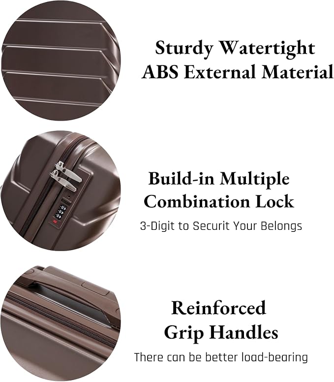 2-Piece ABS Hard Shell Lightweight Carry-On Luggage Set (14" & 20"), 360-Degree Spinner Wheels, Adjustable Telescopic Handle and Combination Lock for Travel, Brown - Image 4